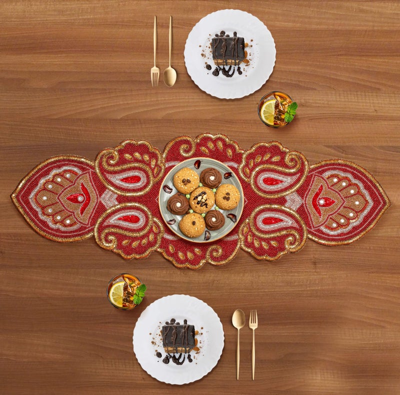 Light & Pro Lightnpro Christmas Beaded Table Runner 13x36 Inch - Maroon Gold Paisley Design - Handmade Elegant Perfect Table Mat for Holiday DÃ©cor, Weddings, Thanksgiving, Family Gatherings, New Year Celebration - Image 4